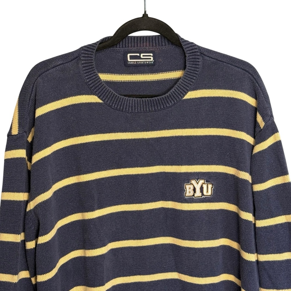 Vintage BYU Striped knit sweater navy tan Crable Sportswear Mens XL preppy